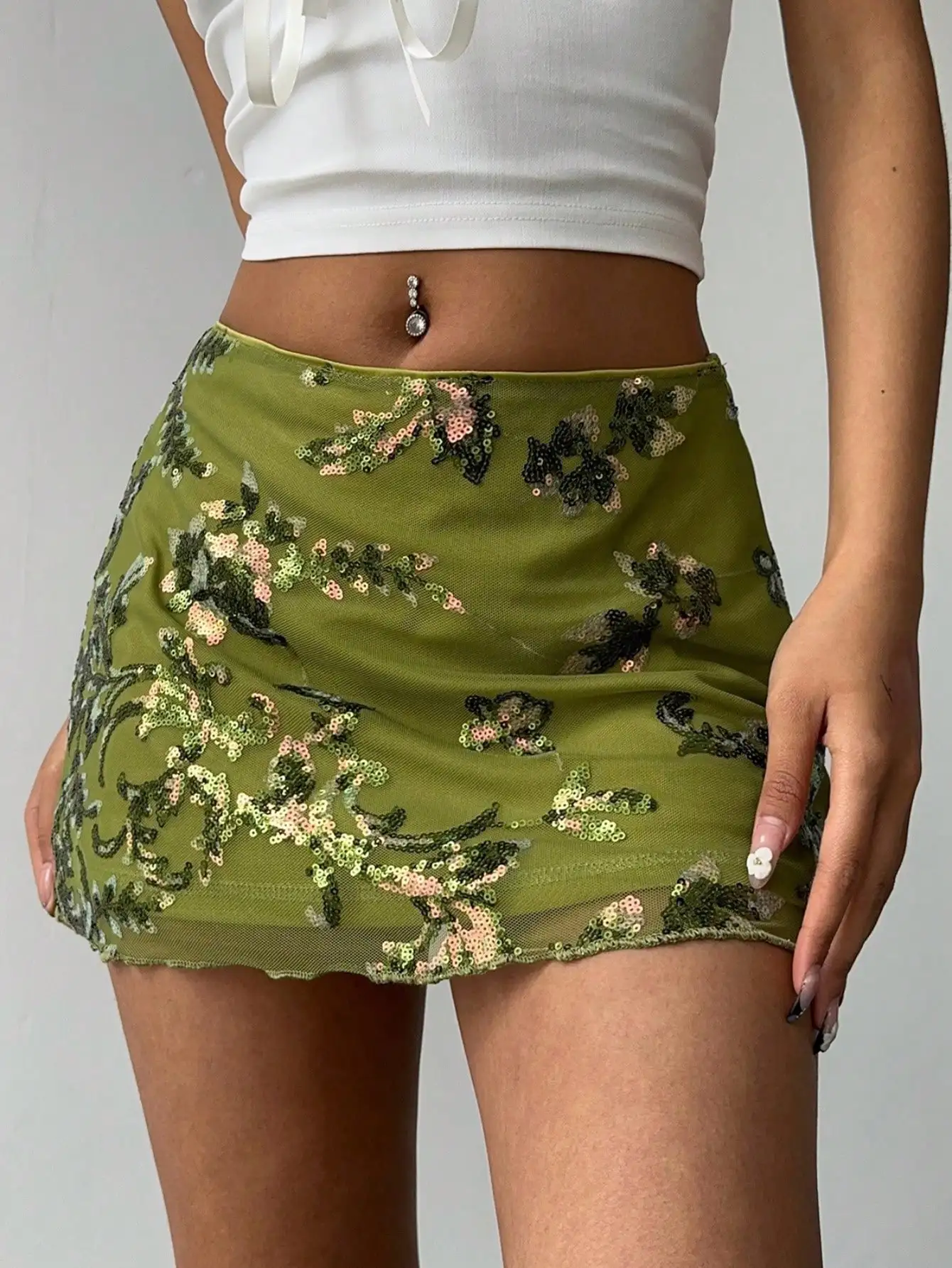 

Оливково-зеленая мини-юбка с цветочной вышивкой и пайетками, из прозрачной сетки, с высокой талией, для летних вечеринок