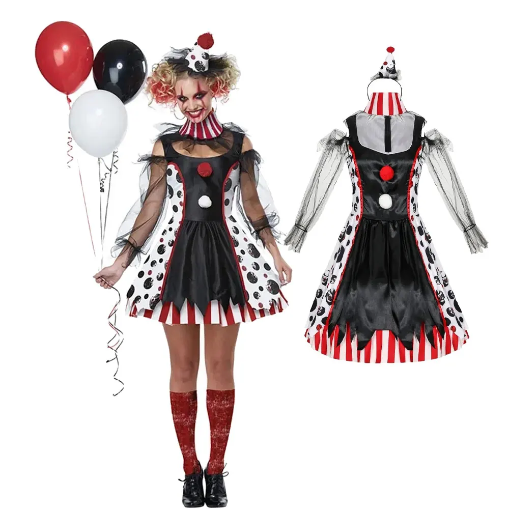 

Halloween Women Terrible Evil Circus Clown Costume Broken Voodoo Doll Cosplay Dress Clown Dream Evening Dress