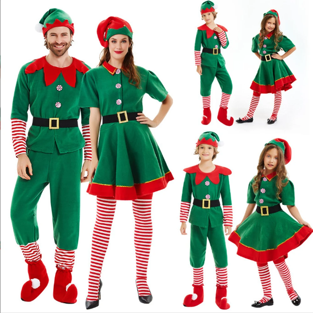 

Christmas Party Elf Family Costume Green Santa Claus Performance Fancy Clothing for Men Women Girls Boys Mother Kids Outfit Set