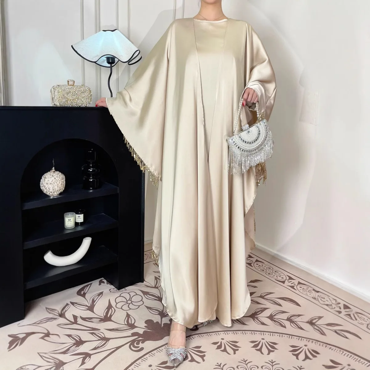 Modest Muslim Women Kimono Jalabiya 2 Pieces Set Eid Ramadan Islam Clothing Saudi Arabic Matching Suit Abaya Dress Kaftan Outfit