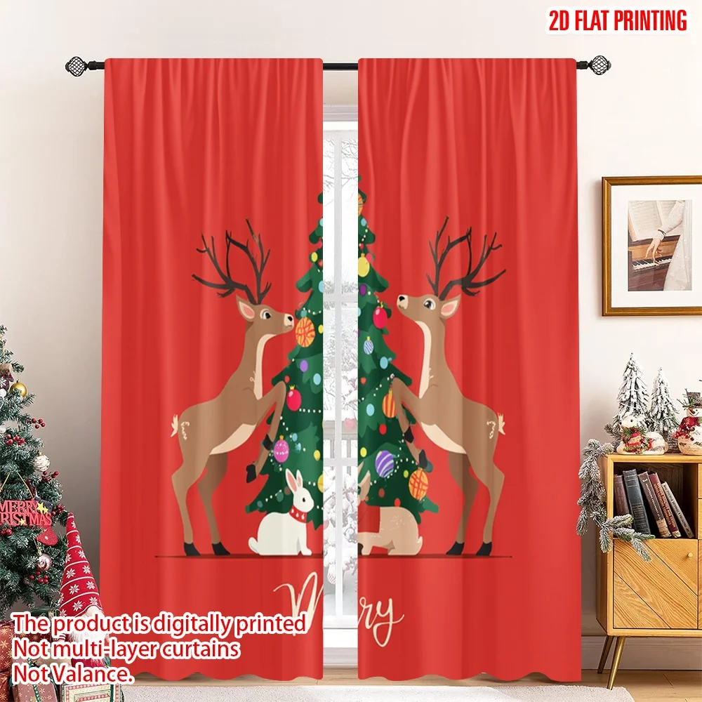 

2pcs 2D flat printing Merry Christmas Popular Curtain Deer Christmas Tree Decorations Festive Holiday Polyester Fabric Without