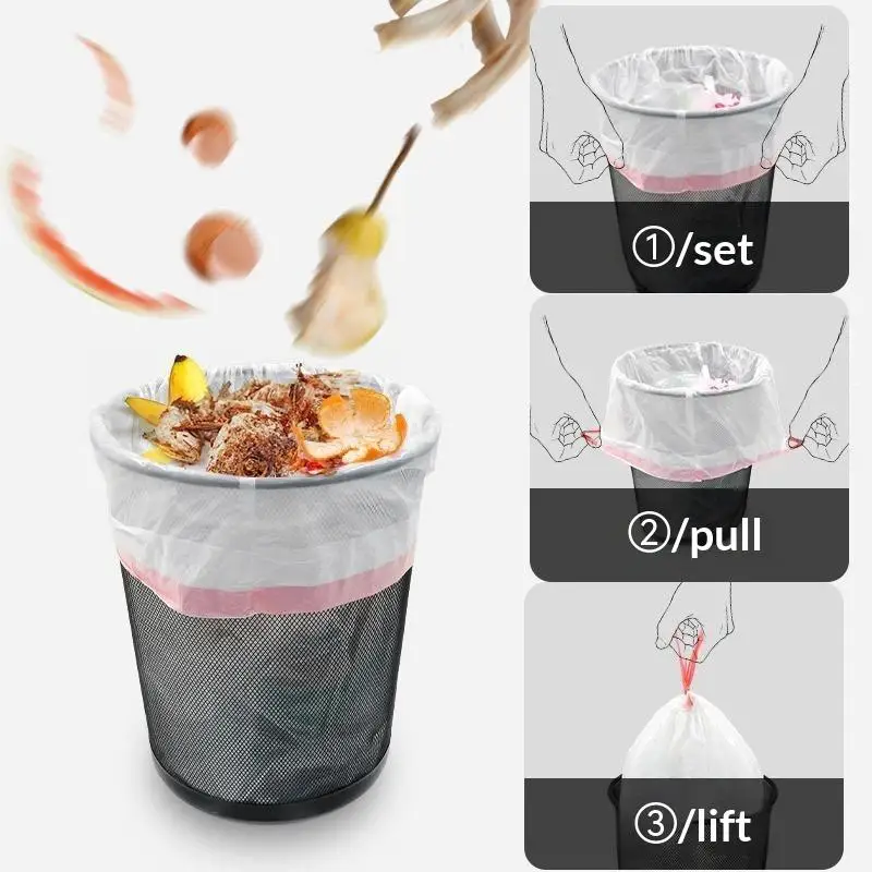 Drawstring Trash Bags Thickened Disposable Kitchen Garbage Can Liners With Handle For Home Office