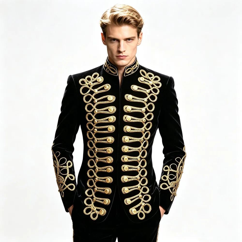 Luxury Gold Rope Rhinestones Velvet Court Blazers Wedding Suit Jacket Stand Collar Tuxedo Blazers for Wedding Groom Dinner Party