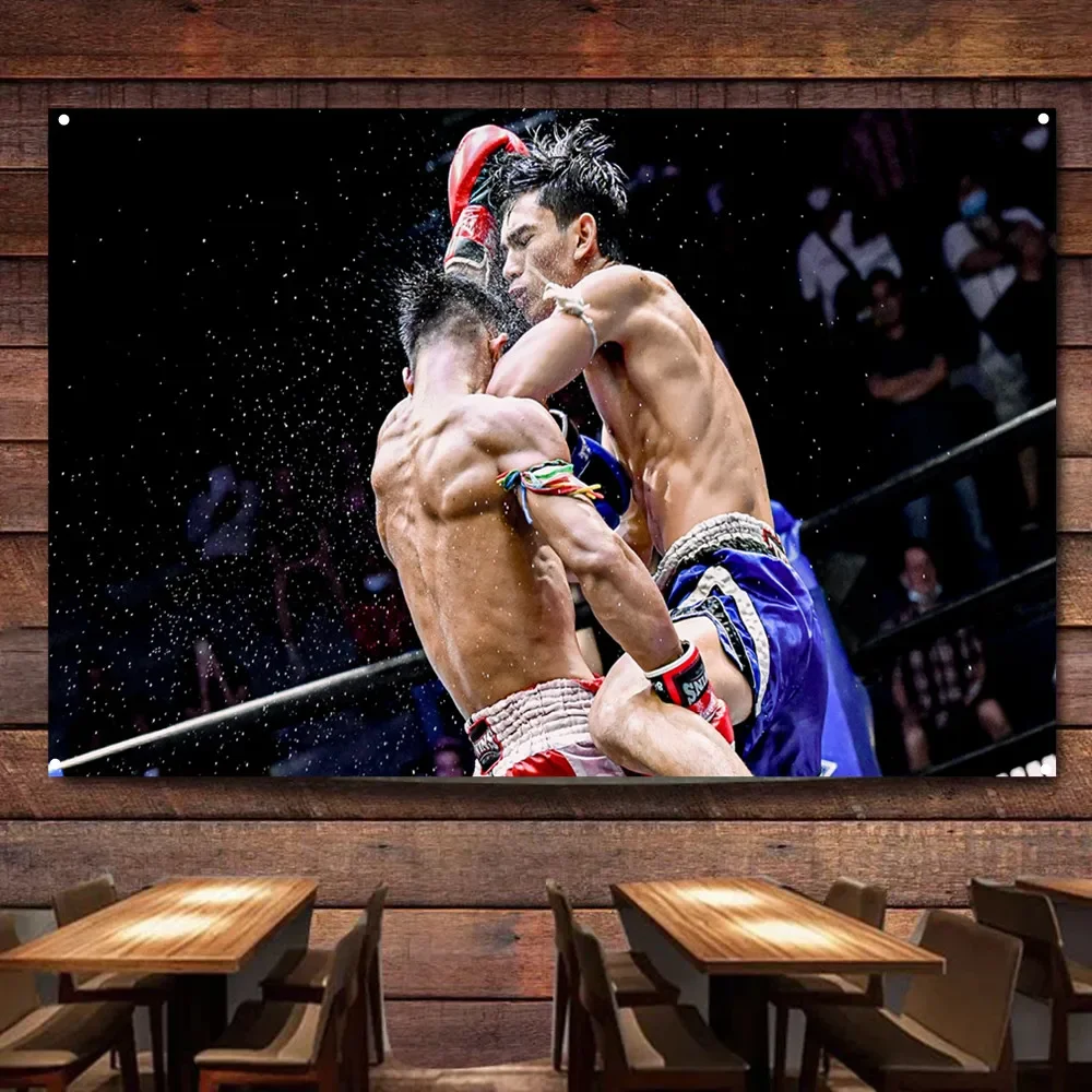 Muay Thai VS Boxing Motivational Art Poster Wall Hanging Banner & Flag, Sports Combat Gym Fighting Wall Art Decoration Tapestry