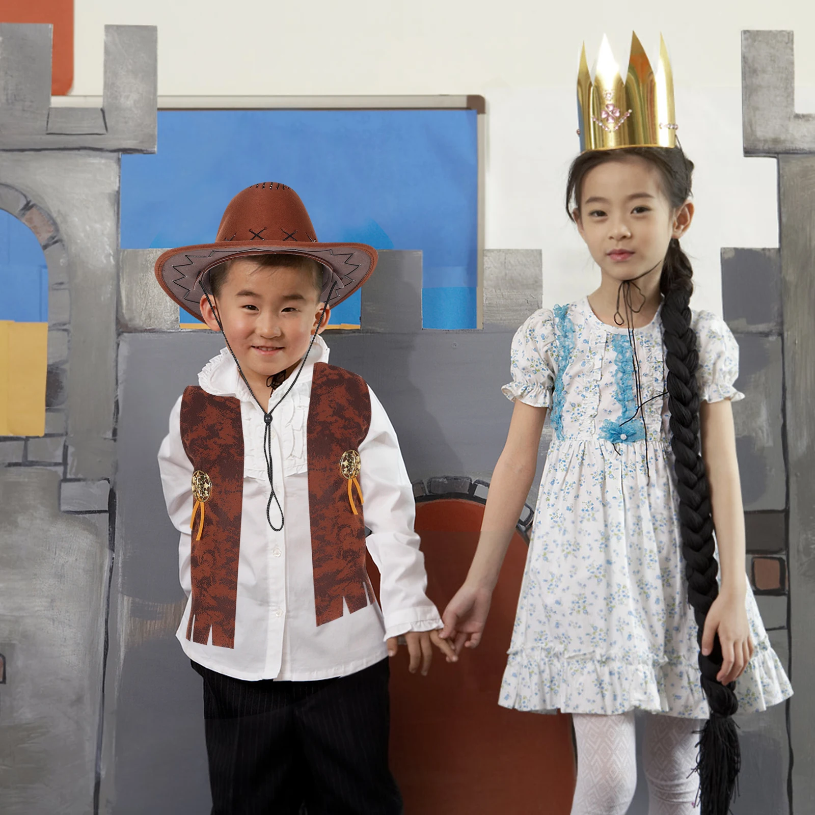 

2 Pcs Denim Cowboy Hat Costume Set for Girls Toddler Halloween Party Western Dress-up Role Play Accessories