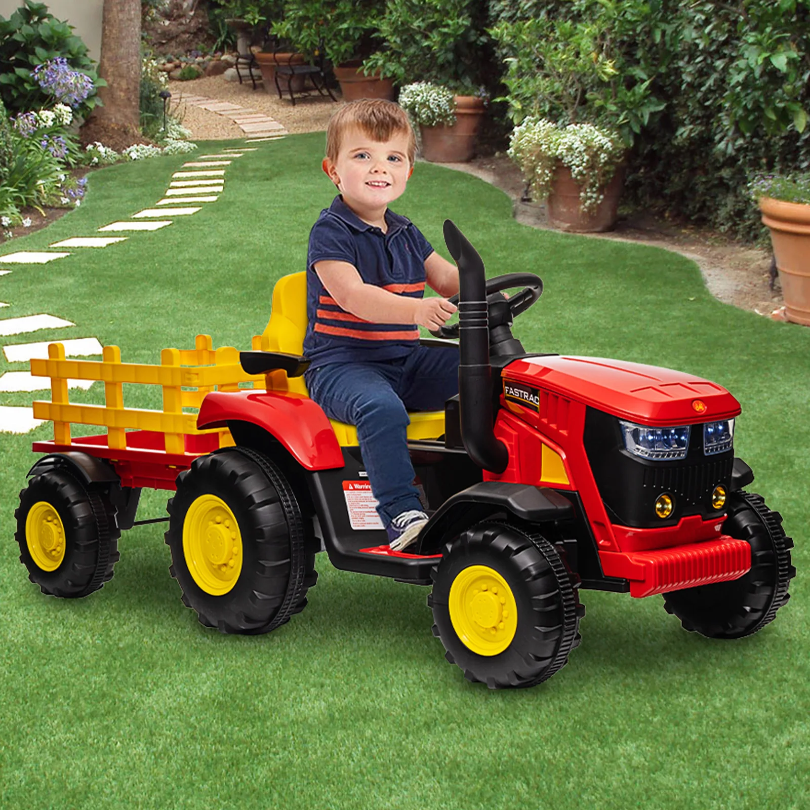 Ride-on Tractor for Kids with Detachable Trailer,12v, Remote Control, LED Headlights, USB Music, 7Ah Battery, Dual 35w Motors