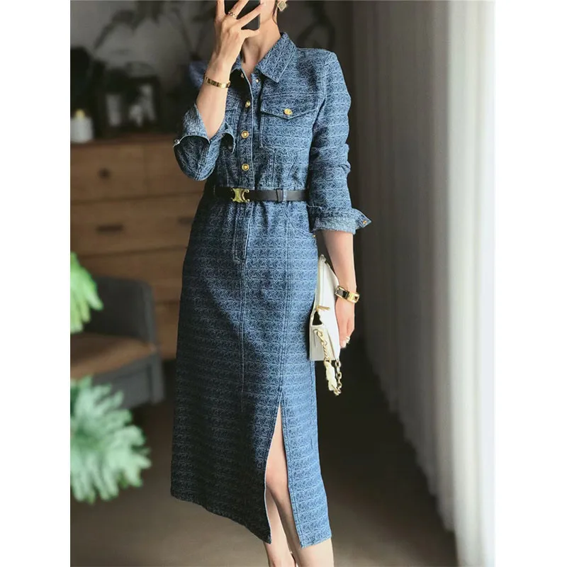 Ele Ladylike longue Sve Midi Dr bleu rétro taille haute jupe en jean Sle trajet taille haute a-ligne col Dr