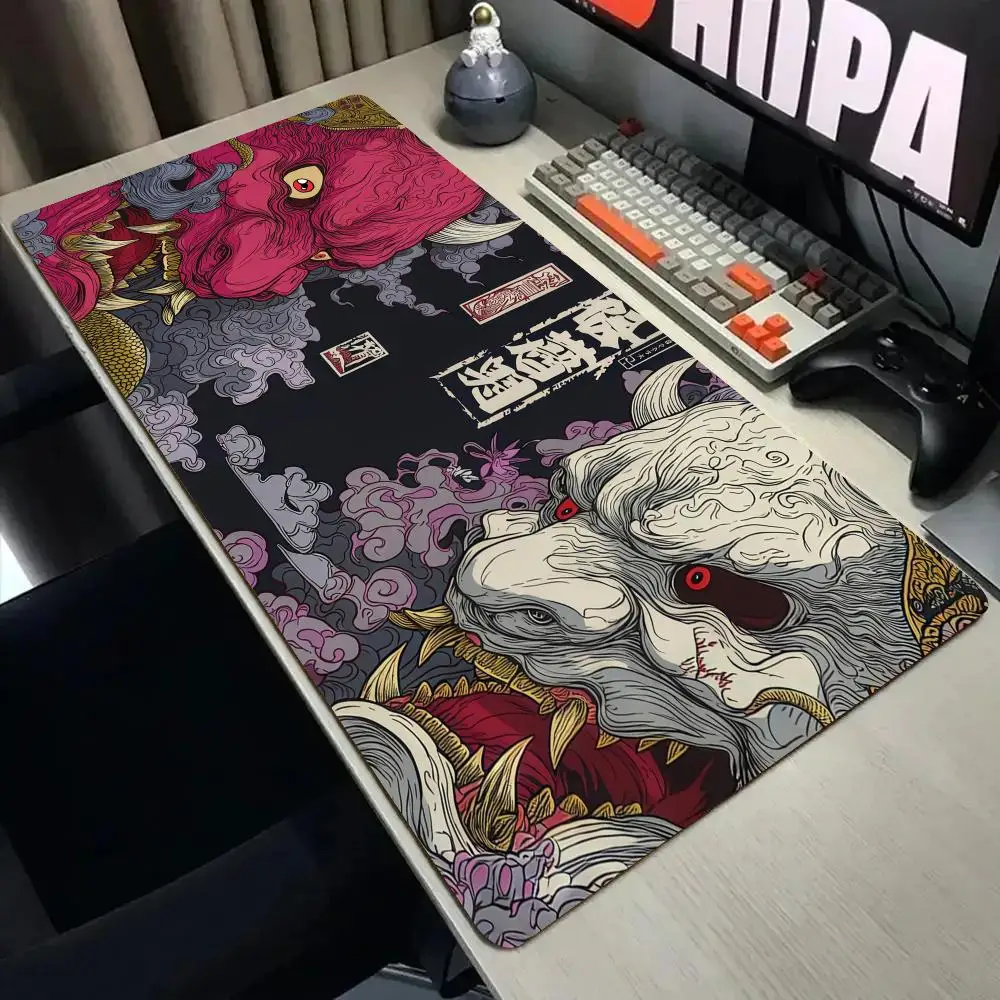 Red Oni Samurai and White Oni Samurai Mouse Pad Desk Mat with Stitched Edge Non-Slip gaming mat pc accessories keyboard desk pad