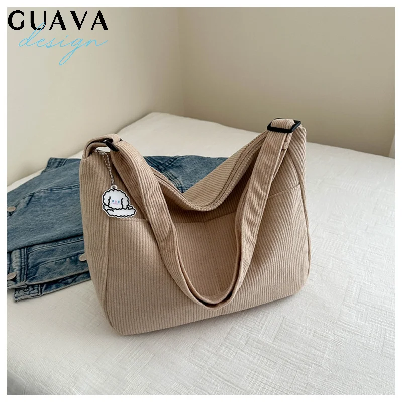 

Women Corduroy Shoulder Bag, Casual Striped Large Capacity Tote With Zipper Closure, Cute Hat Patch, Perfect For Everyday Use