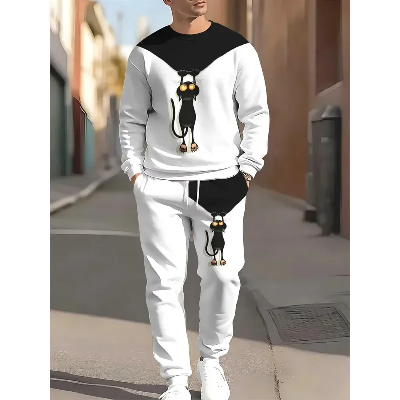 Men Round Neck Sweater Set 3D Little Black Cat Printed Casual Comfortable Fashion Autumn Winter New Style Top and Pants Clothing