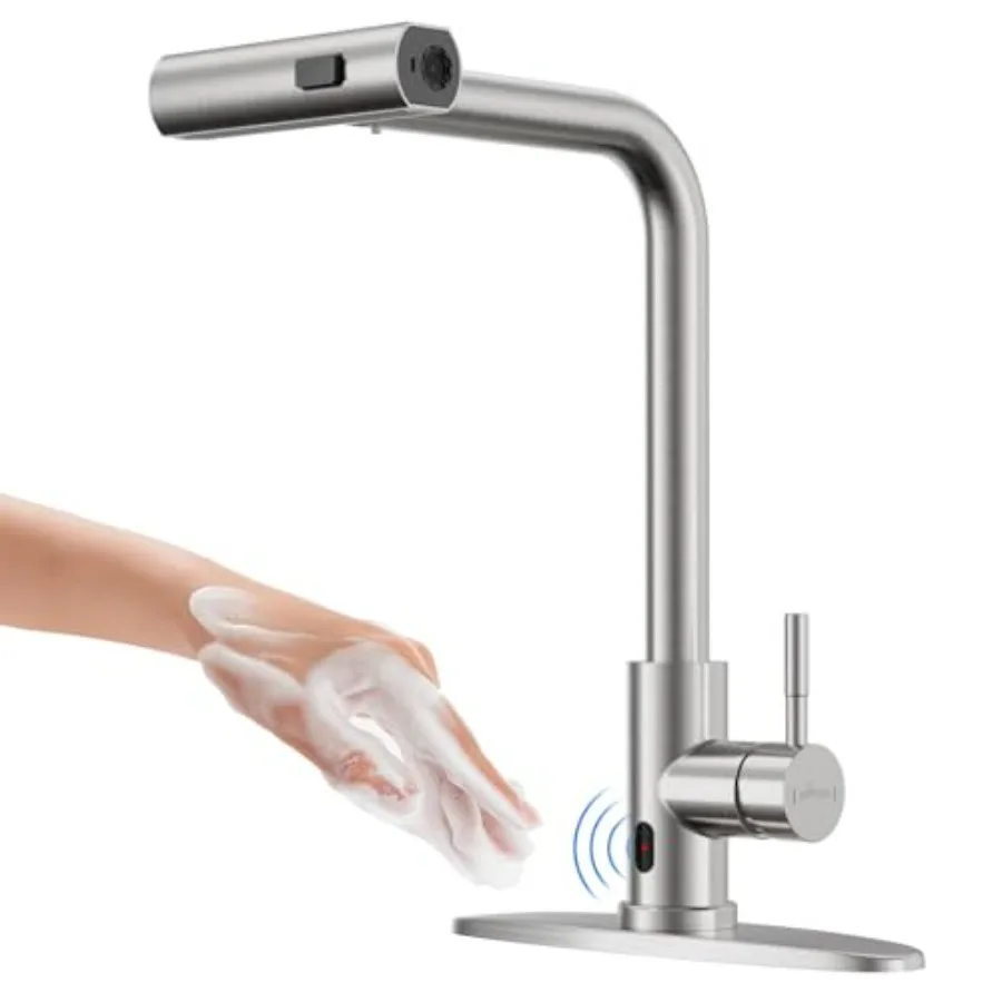 

Touchless Kitchen Faucet with Pull Down Sprayer Waterfall Motion Sensor in Brushed Nickel Stainless Steel Single Handle Hands-F