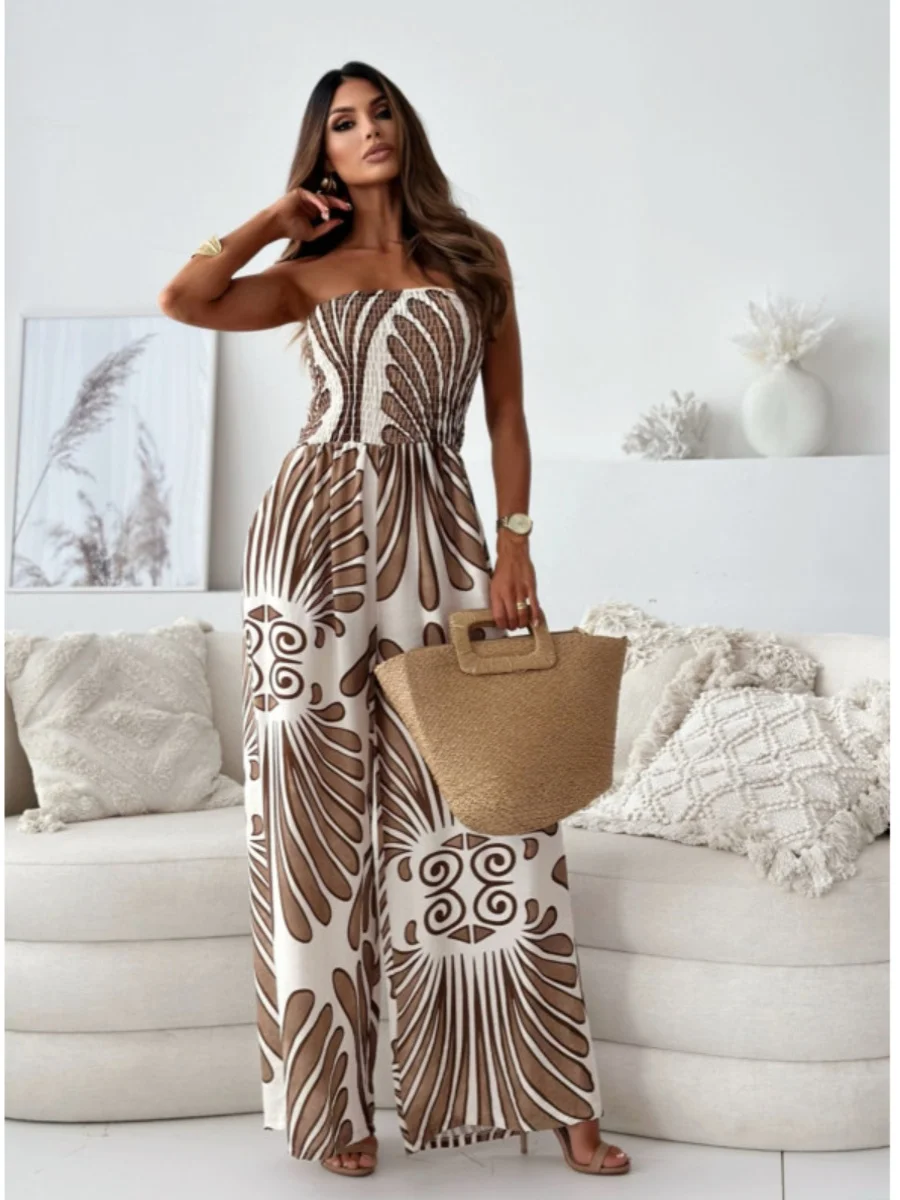 

Sexy oulder Bared Jumpsuit with Waist Cinching Wide Leg Casual Long Pants Street Sle Summer Crossbody Print
