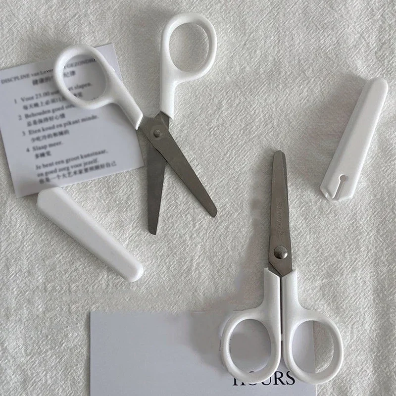 White portable hand scissors Stainless steel art safety scissors with lid Children's student scissors