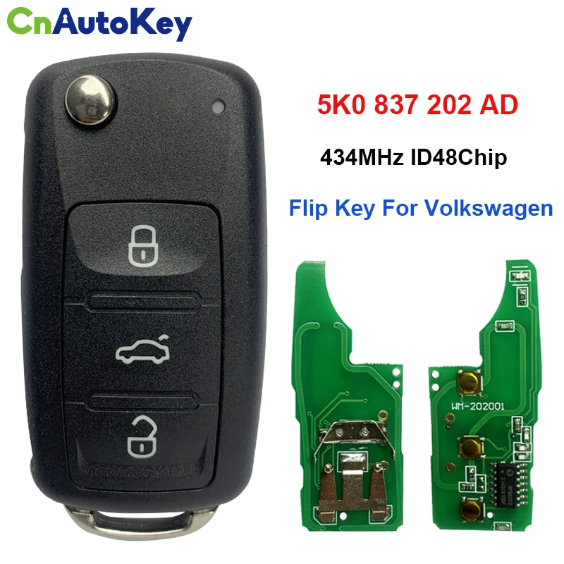 CN001052 3 Button Replacement Flip Car Key Fob for VW Folding Remote Key 434MHz With ID48 Chip FCCID 5K0 837 202 AD