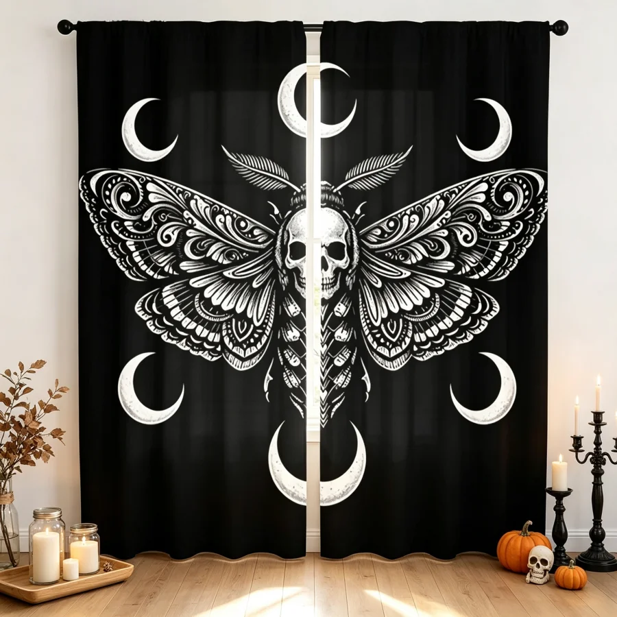 2PCS Digital Print Curtain, Skull Moth Gothic Dark Insect, Mystic Macabre Vintage for Living Room Bedroom Kitchen Decor