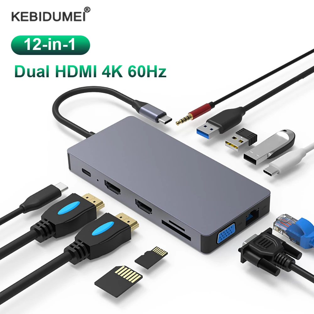 محطة إرساء USB C ، محور HDMI مزدوج ، 4K ، 60Hz ، نوع C إلى 1000M ، RJ45 ، PD 100W ، USB 3.0 ، محول للكمبيوتر المحمول ، ماك بوك اير برو