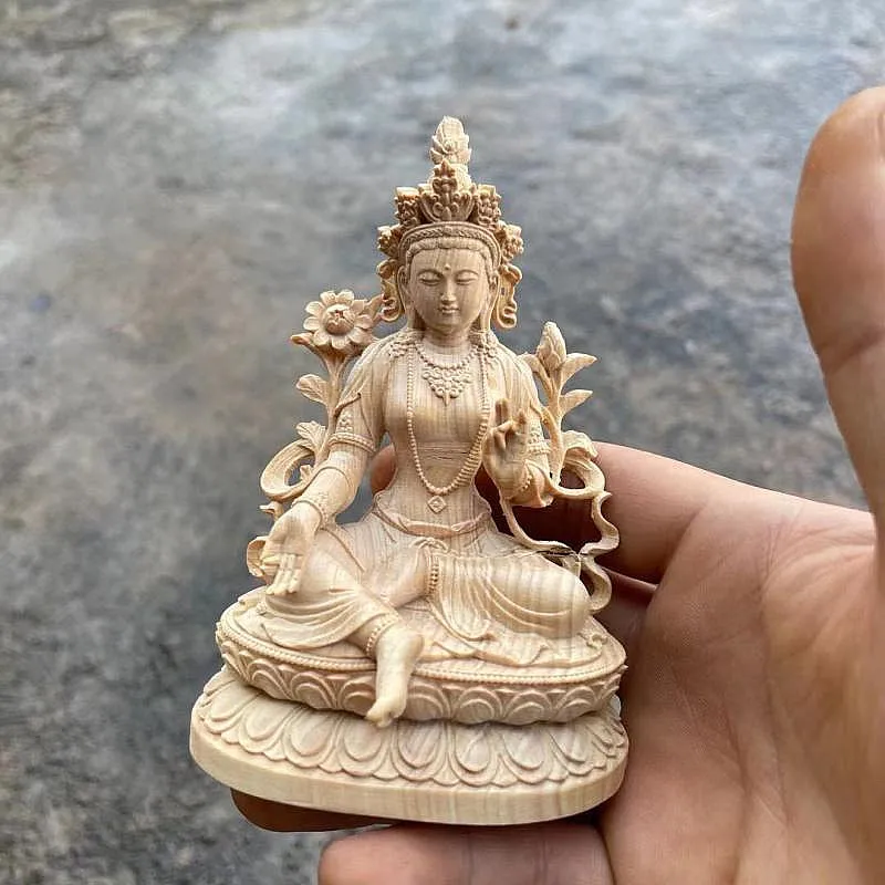 

10.8*7.3*5.3cm Handmade Buddhist Boxwod Green/White Tara Buddha Carving Collect Wealth Hand Pieces Mascot Decorate Crafts