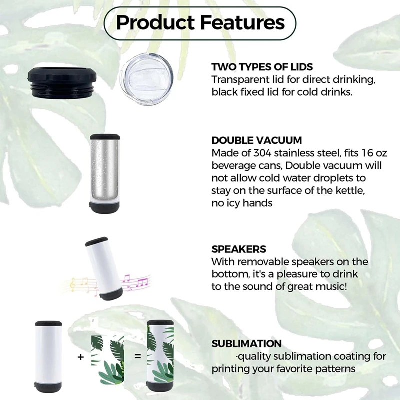 1-Pack 16 Oz Sublimated Blank Bluetooth Speaker Stainless Steel Insulated 4-In-1 Can Refrigerated Beer Holder Easy To Use