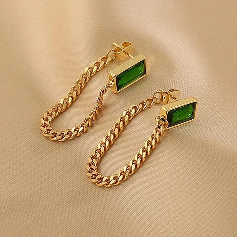 316l Stainless Steel Gold Color Chain Necklace Bracelet Earrings Rectangular Green Crystal Luxury Designer Wedding Jewelry Sets