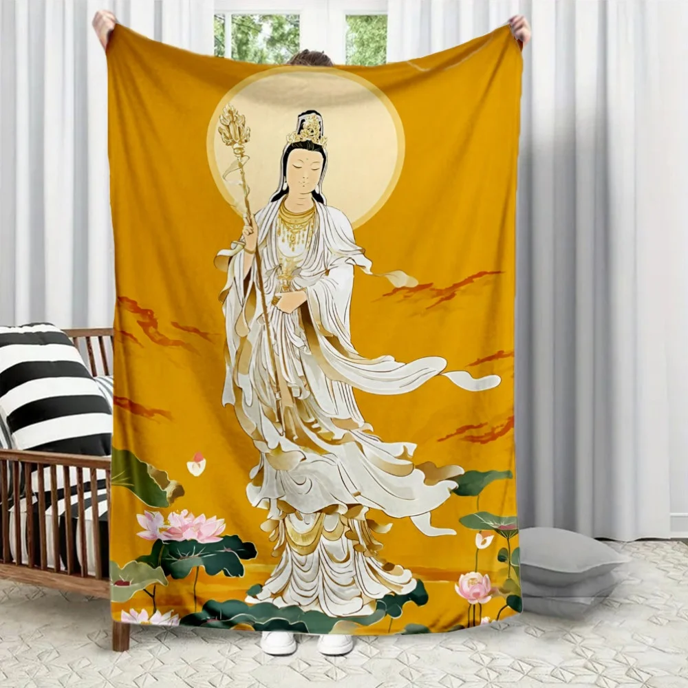 beautiful lotus of Guanyin Bodhisattva Flannel printed blanket suitable for all seasons for living room office sofa and travel