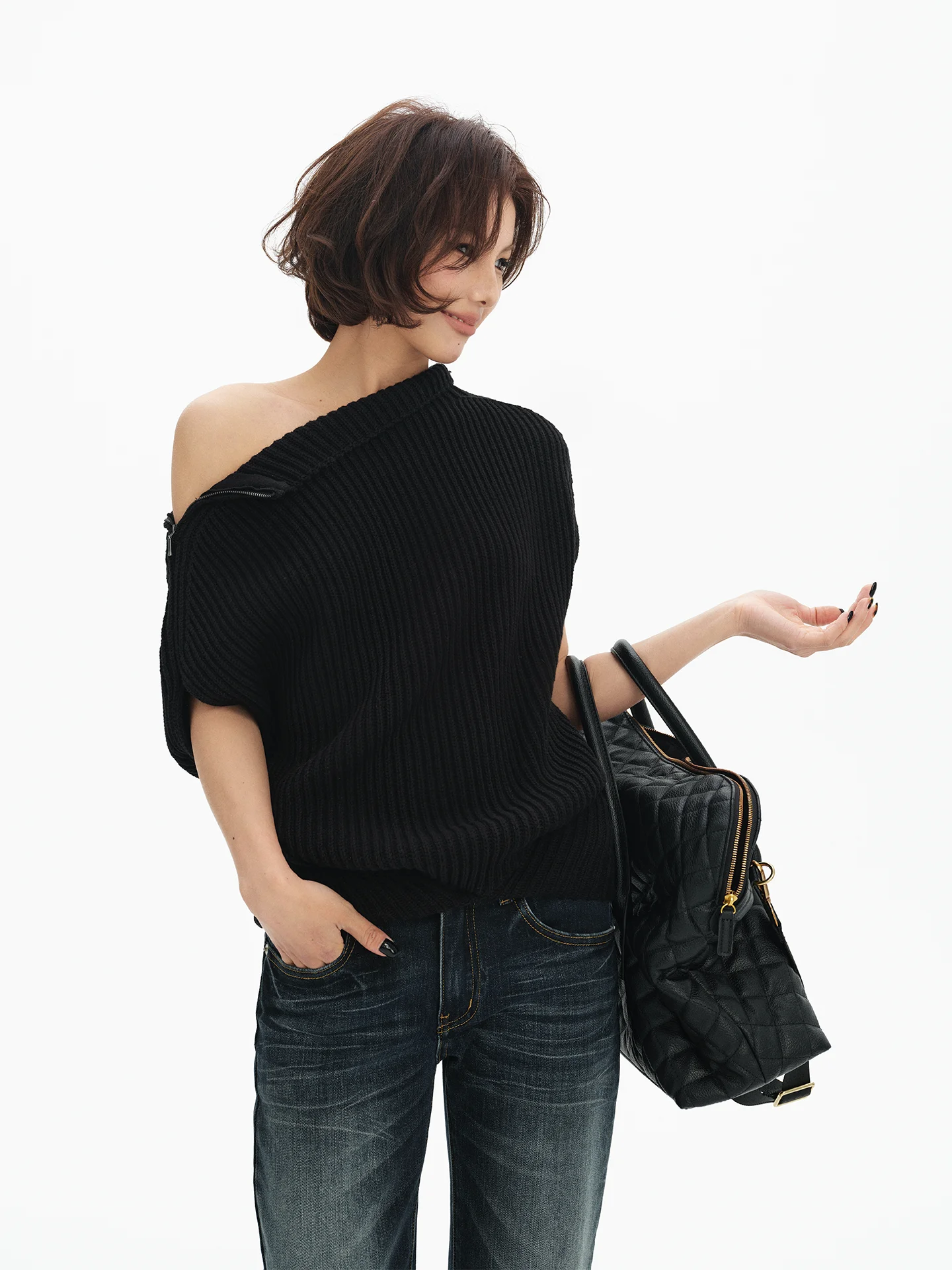 

Свитер Iteatoffice Lectual Sle Heavy Work из плотного хлопка с высоким воротником, двусторонний, с открытыми плечами, в стиле накидки, черный