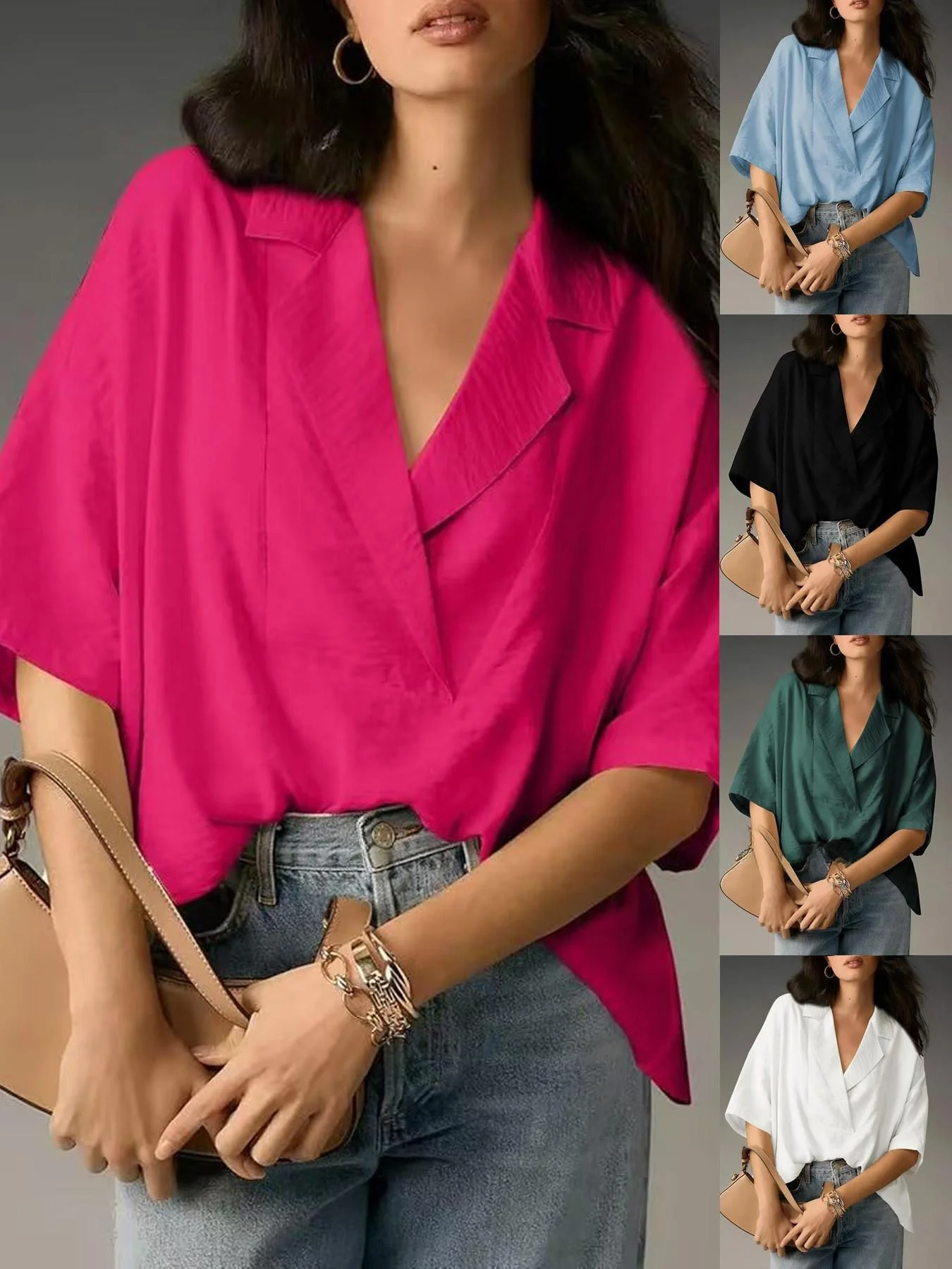 

Casual Loose Women's Summer New Turn-down Collar Pure Color Top Polyester Material Other Material