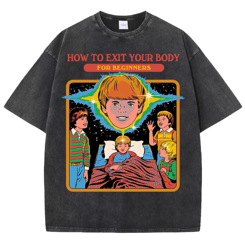 How To Exit Your Body Prints Washed Herren-T-Shirt, Sommer, atmungsaktiv, lässig, kurzärmelig, weiche Baumwolle, Streetwear, Hip-Hop, lockeres Oberteil