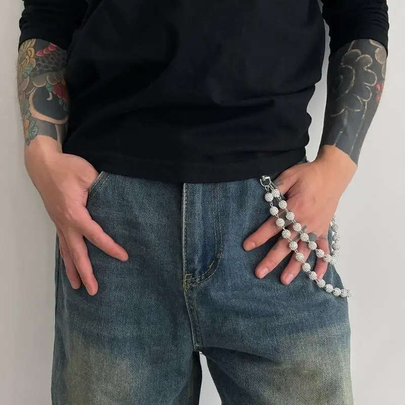 39BB Gothic Bead Rhinestones Jeans Chain Metal Punk Waist Accessory Edgy Fashion Decor