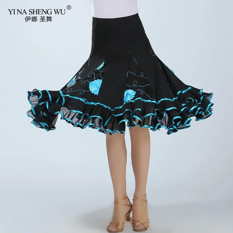 Traje de danza del vientre de lujo, Falda corta de flores para adultos, falda gitana de salón de baile con vuelo grande, vals, falda india Oriental para el vientre