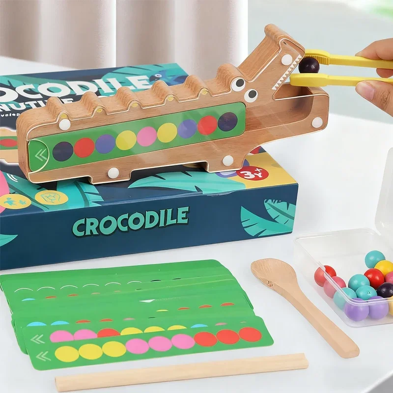 Jeu de correspondance de perles d'alimentation Crocodile en bois, reconnaissance des couleurs, mémoire, cadeau de vacances pour enfants, jouets de Classification pour l'éducation précoce