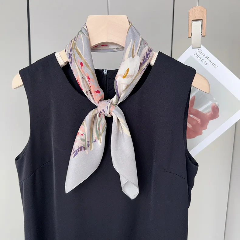 

Women 100% Silk Square Scarf Light Gray Watercolor Lily Floral Print Neck Bandana Elegant Soft Fashion Head Scarf