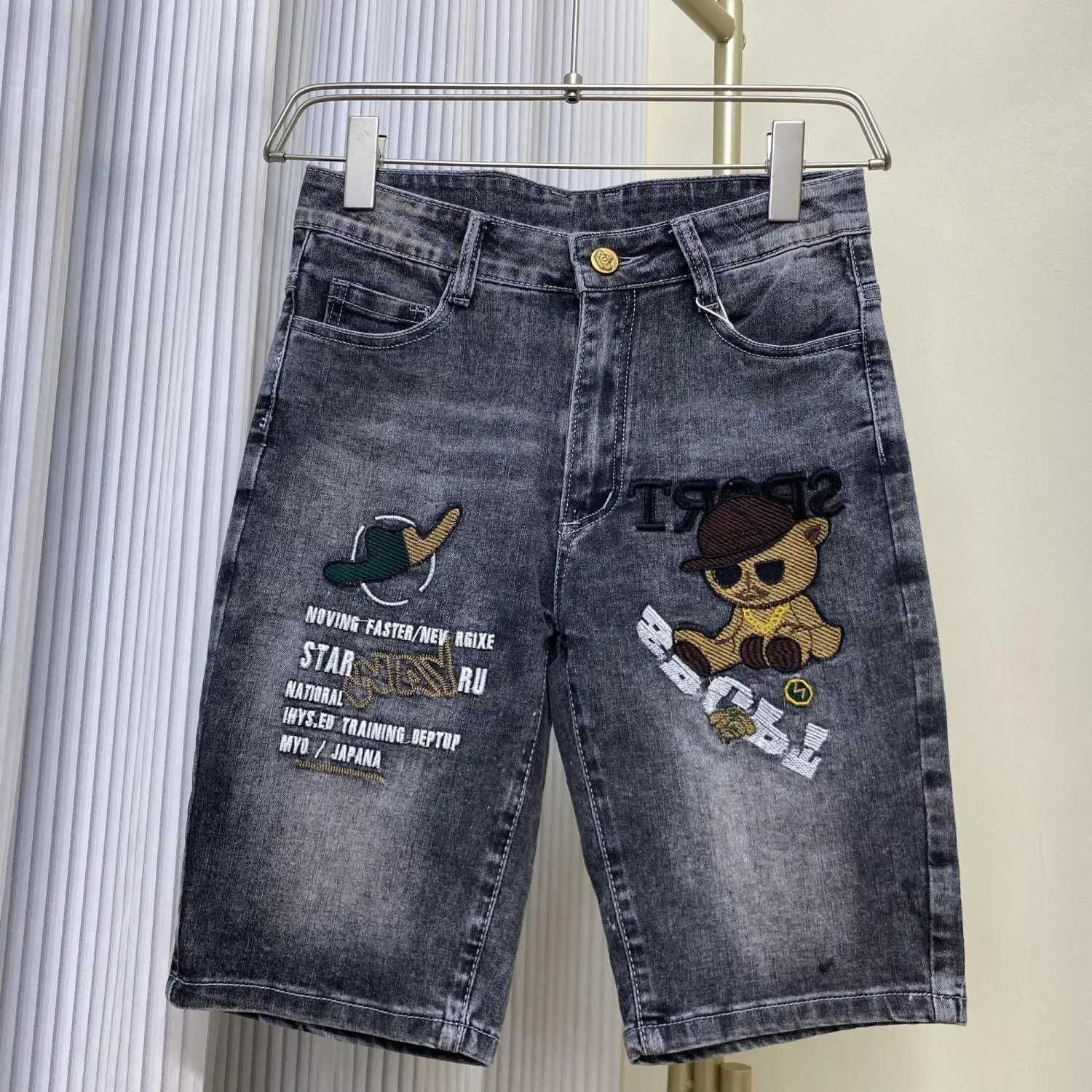 

High-end Brand Heavy Industry Embroidery Patch Denim Shorts Men's Printed Medium Pants Casual Outer Wear Five-point Pants Men
