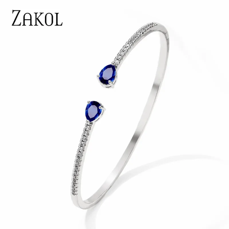 ZAKOL Fashion Blue Water Drop Cuff Bracelets Bangles for Women Cubic Zirconia Girls Bracelet Wedding Party Jewelry Gifts BP2218