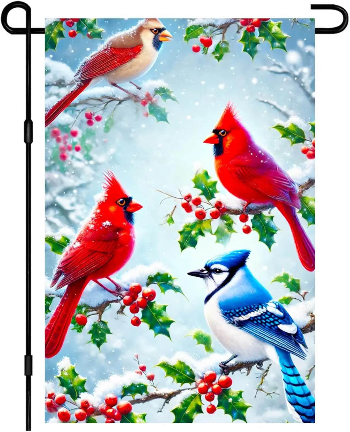 Christmas Garden Flag 12x18 Inch Winter Birds Cardinal Blue Jay Snow Scene Red Berries Holly Leaves Small Holiday Yard Flag  llz