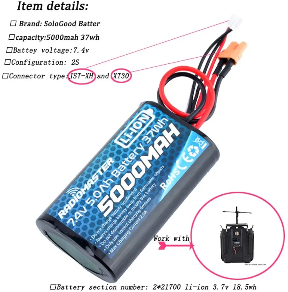 RadioMaster 2S 7.4V 5000mah 37wh Li-Ion Battery TX16S TRemote Control Transmitter JST-XH and XT30 Plug Large Endurance