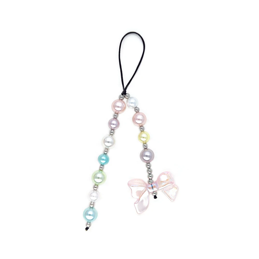 HERLOOK Bowknot Phone Charm for Women Y2K Accesories Colored Faux Pearls Beads Chain Phone Straps Cellphone Decorated