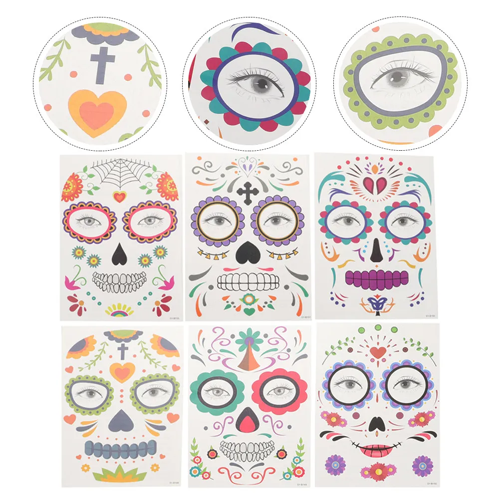

6 листов наклеек-тату для лица с сахарным дизайном, временные декоративные наклейки для Хэллоуина, креативные тату-наклейки, легко клеятся