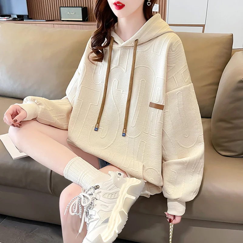 Dames Koreaanse losse casual dunne hoodies patch jacquard zak trui vrouwelijke tops lente uitloper herfst