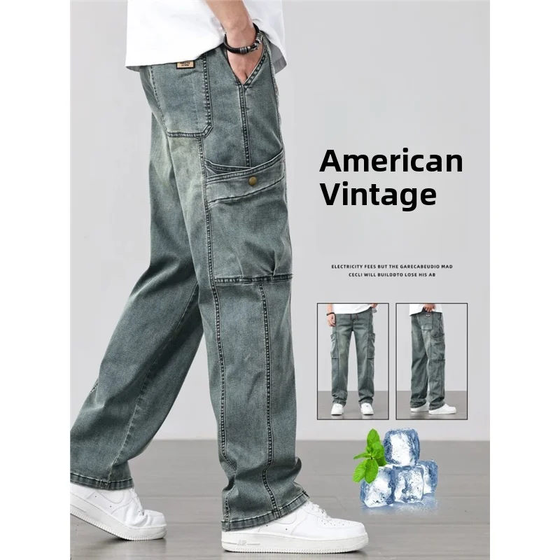 

Мужские повседневные рабочие джинсы свободного прямого кроя с широкими штанинами в американском ретро-стиле, летняя новинка, трендовый бренд, средняя посадка на талии