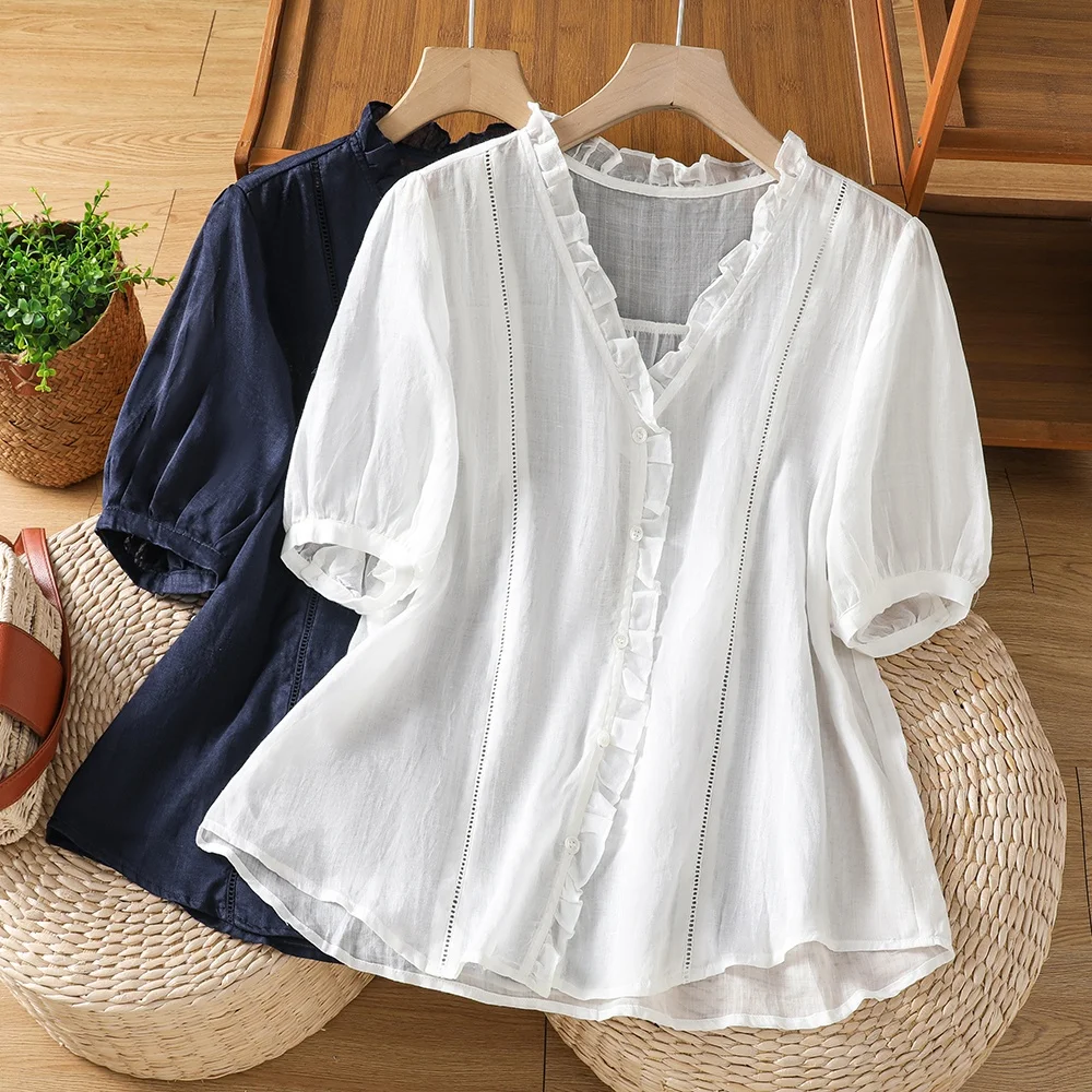 

plus Size Women's Shirt V-Neck Short Sleeve Wooden Detail Casual Style Breathable Thin Material Comfortable Summer New A...