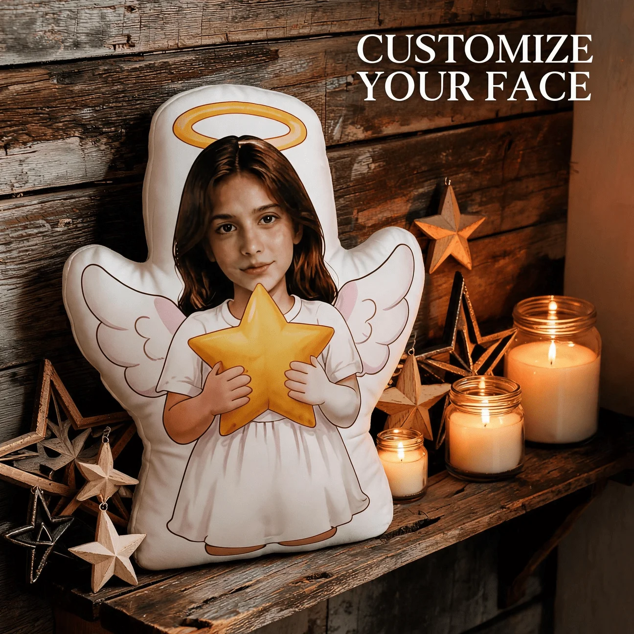 Custom Photo Angel-Shaped Pillow, Personalized Face with Halo Wings & Star Decorative Cushion, Unique Home Decor Accent for Sofa