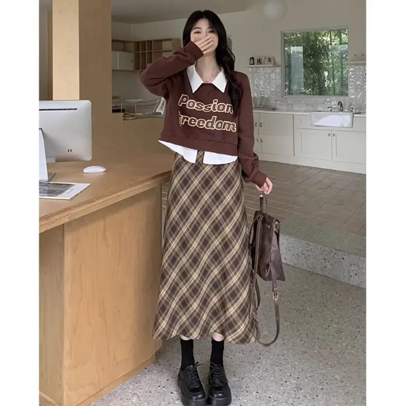 Autumn Winter Fake Two Pieces Sets Sweet Preppy Style Women Sweatshirt Print High Waist Long Plaid Skirts Vintage Fashion Suit