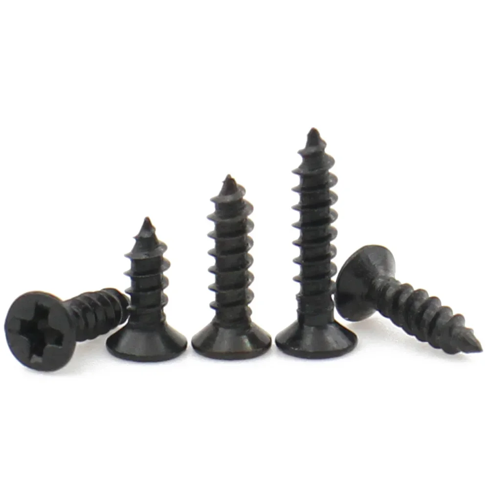 100pcs Black Phillips Carbon Steel M1 M1.2 M1.4 M1.5 M2 M2.6 M3 M3.5 M4 M5 Cross Countersunk Flat Head Self-tapping Screw