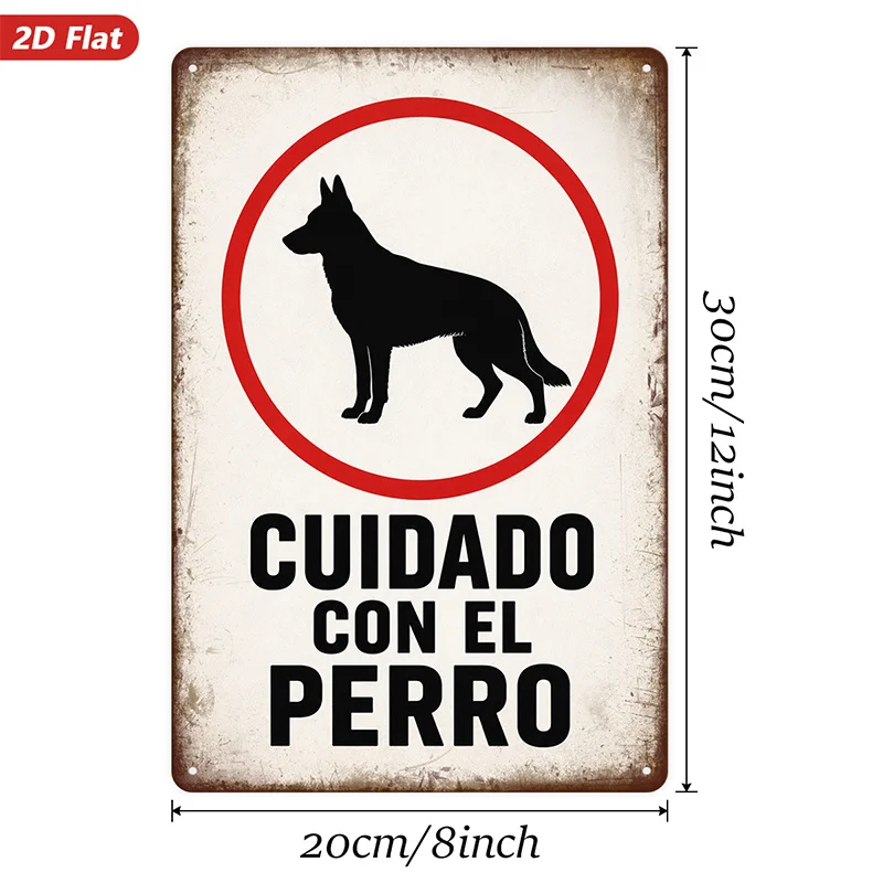 2D Flat, 1pc Metal Sign Wall Art, Home Decor, Black Dog Silhouette Art, Spanish Warning Text 