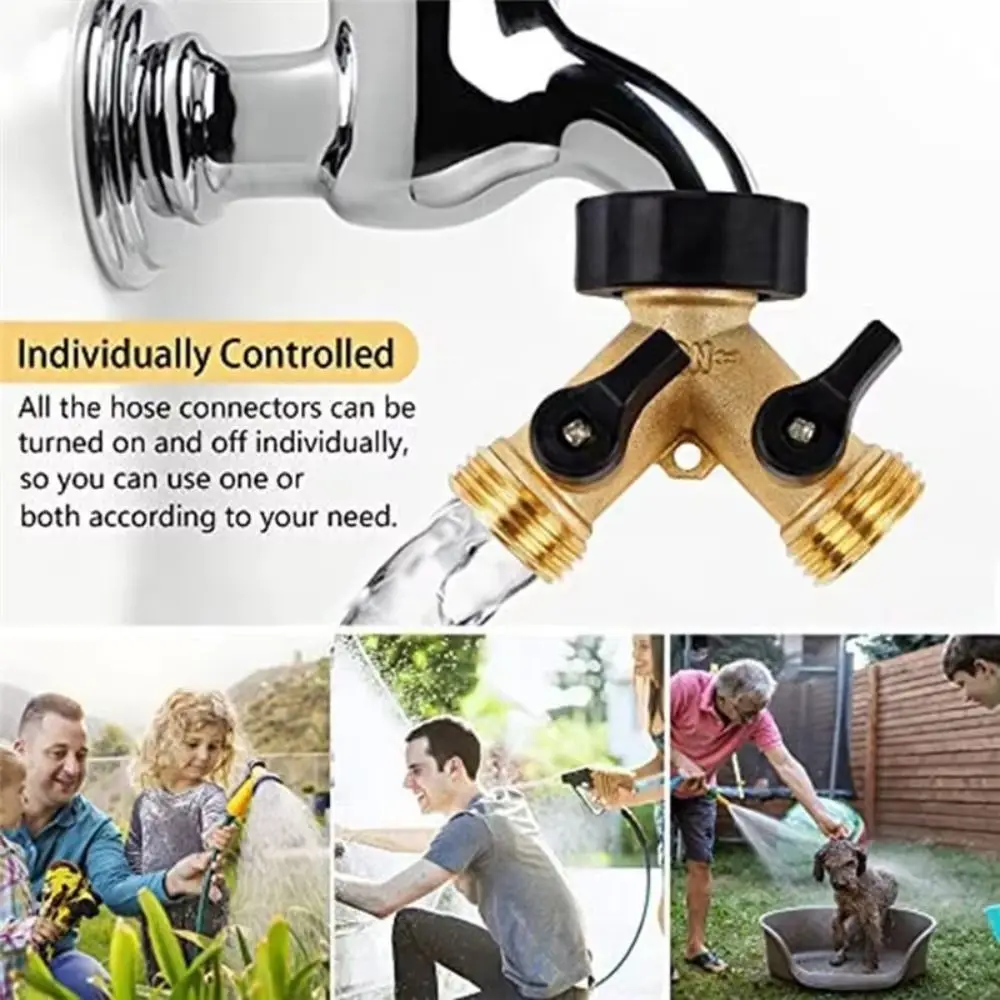 Single Turn Brass Garden Hose Splitter Solid Brass Heavy Duty Y Valve No Leak Double Way Quick Connector Garden