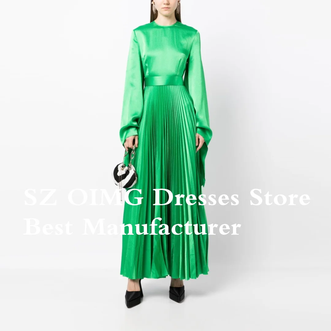 OIMG O-Neck Prom Dresses Long Sleeves Ankle Length A-Line Ruched Silk Satin Elegant Green Evening Gowns Formal Party Dress