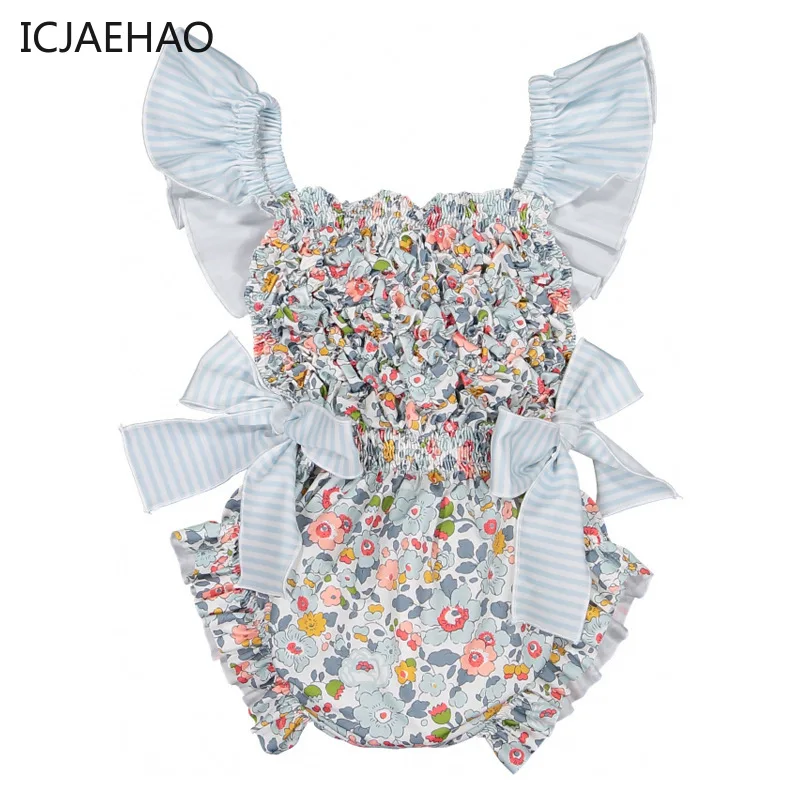 

Baby Girls Swimwear Blue Pink Floral Print Cute Bow One-Piece Suspender Swimsuit Fashion Children Beach Clothe Bathing Swimming