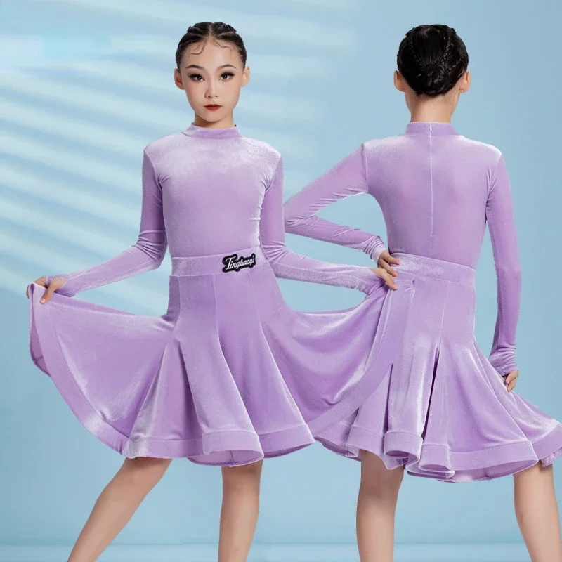 children's Latin dance dress girls' finger hooked long sleeved set practice competition performance fishbone big swing skirt