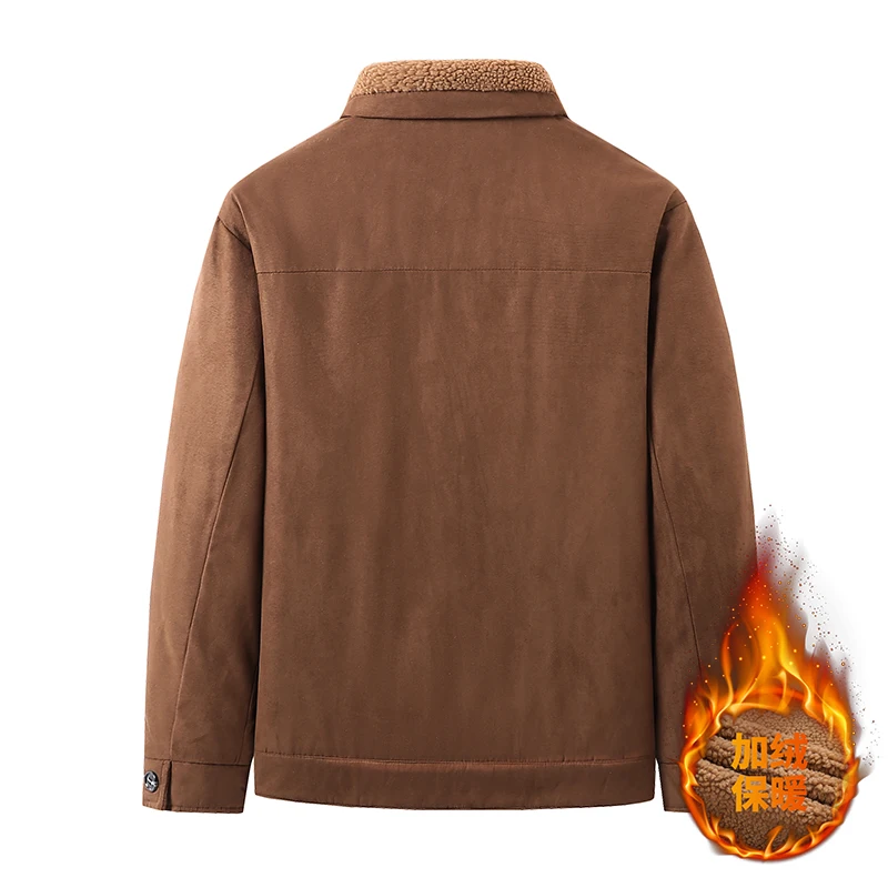 سترة من جلد الغزال بياقة سميكة للخريف والشتاء مقاس كبير لملابس العمل الدافئة للرجال، ملابس شتوية من صوف الضأن، سترة قطنية