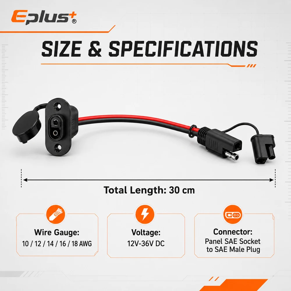 EPLUS SAE Quick Connector Harness SAE Adapter Male Plug to Female Socket Cable 1FT 10-18AWG SAE Extension Cord